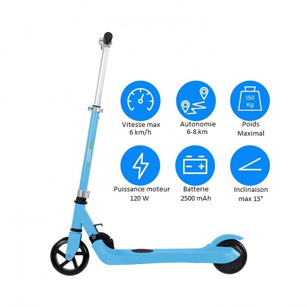 Détails techniques de la trottinette électrique bleue pour enfants.