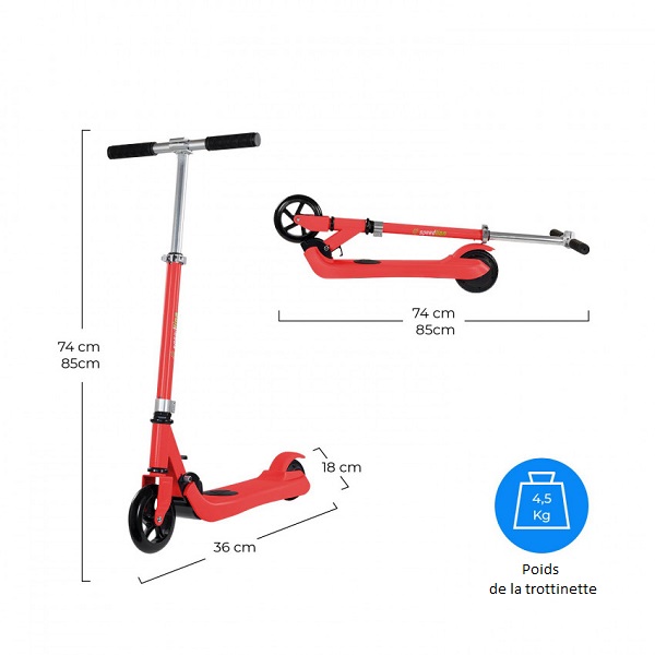 Les dimensions de la trottinette électrique rouge pour enfants.