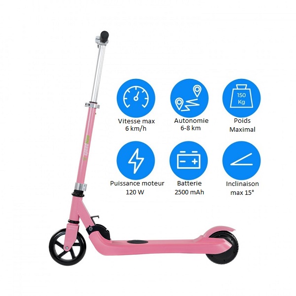 Détails techniques de la trottinette électrique rose pour enfants.