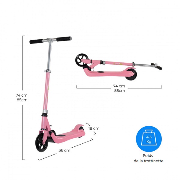 Les dimensions de la trottinette électrique rose pour enfants.